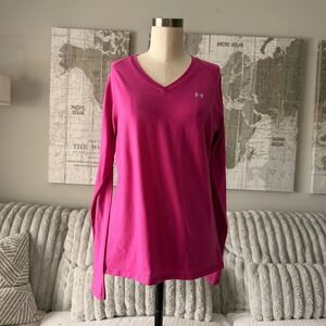 Under Armour Womens Tech HeatGear Loose V-Neck Long Sleeve Shirt Pink LG